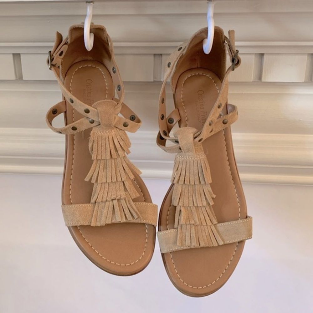 Cristina Francini Studded Suede Fringe Sandals